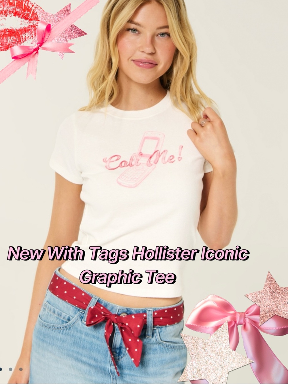New With Tags Hollister White Graphic Tee with Pink 'Call Me' Phone Design